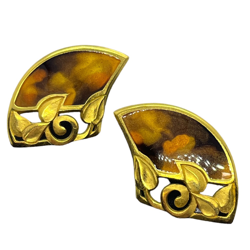 Edgar Berebi Vintage Gold Tone Brown Enamel Abstract Leaves Pierced Earrings